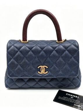 CHANEL Coco Handle Navy Quilted Top Handle Satchel with Burgundy Handle